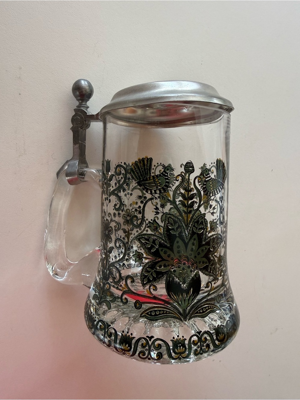 Vintage German Glass Beer Stein Pewter Lid Floral Pattern Lidded Tankard Mug
